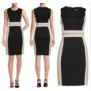 Calvin Klein SZ 4 Black White Beige Scuba Knit Color-Block Sheath Dress
